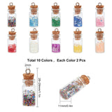 20Pcs 10 Color Glass Wishing Bottle Pendant Decorations, with Resin Rhinestone and Glass Micro Beads inside, Cork Stopper and Platinum Iron Screw Eye Pin Peg Bails, Mixed Color, 28~29x11mm, Hole: 2mm, 2pcs/color