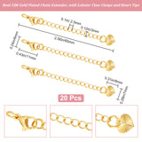 20Pcs Brass Curb Chain Extender, End Chains with Lobster Claw Clasps and Heart Chain Tabs, Long-Lasting Plated, Real 18K Gold Plated, 65x3mm, Hole: 2.5mm