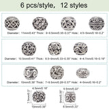 72Pcs 12 Style Tibetan Style European Beads, Large Hole Beads, Rondelle, Antique Silver, 7.5~11x7~10mm, Hole: 4~5.5mm, 6pcs/style