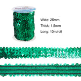 Plastic Paillette Elastic Beads, Sequins Beads, Ornament Accessories, 3 Rows Paillette Roll, Flat Round, Green, 25x1.5mm, 10m/roll