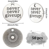 50Pcs Tibetan Style Alloy Flat Round Carved Word Never Give Up Pendants, Inspirational Message Pendants, Antique Silver, 20x2.5mm, Hole: 2mm