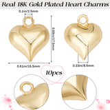 10Pcs Rack Plating Brass Pendants, Long-Lasting Plated, Cadmium Free & Lead Free, Puffed Heart Charms, Real 18K Gold Plated, 17.5x15.5x8.5mm, Hole: 2.5mm