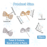 4 Pairs 2 Colors Rack Plating Brass Micro Pave Clear Cubic Zirconia Earring Findings, with Horizontal Loops, Bowknot, Cadmium Free & Lead Free, with 20Pcs Plastic Ear Nuts, Platinum & Golden, 8x15x5mm, Hole: 1.7mm, Pin: 0.8mm, 2 Pairs/color