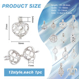 12Pcs 12 Styles Brass Bead Cage Pendants, Bead Cage Charm, Sea Turtle & Round & Heart, Mixed Shapes, Platinum, 17~29.5x11~18x9~15mm, Hole: 1~4.5mm, 1pc/style