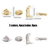 8Pcs 4 Style Rack Plating Brass Charms, with Jump Ring, Long-Lasting Plated, Cadmium Free & Lead Free, Boot & Hat, Platinum & Golden, 6.5~13x9~12x3.5~8mm, Hole: 3mm, 2pcs/style