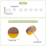 32Pcs 16 Style Two Tone Flat Round Resin & Walnut Wood Stud Earrings with 316 Stainless Steel Pins for Women, Mixed Color, 10mm, Pin: 0.7mm, 2pcs/style