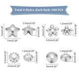 400Pcs 4 Style 304 Stainless Steel Bead Caps, Stainless Steel Color, 5.5~7x5.5~7x1.2~2mm, Hole: 0.5~1.4mm, 100pcs/style