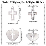 100Pcs 2 Styles Tibetan Style Alloy Pendants, Cross & Heart, Antique Silver, 17~17.5x11~16x1~1.5mm, Hole: 1.4~1.8mm, 50pcs/style