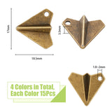 60Pcs 4 Colors Tibetan Style Zinc Alloy Pendants, Paper Plane Charms, Mixed Color, 17x18.5x3.5mm, Hole: 1.8~2mm, 15pcs/color