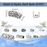 120Pcs 12 Style Tibetan Style Alloy Beads, Tube & Column & Barrel, Antique Silver, 5~23x3~9.5mm, Hole: 1~7mm, 10pcs/style