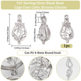 1Pc Rhodium Plated 925 Sterling Silver Empty Bead Cage Pendants, with Cubic Zirconia, Platinum, Flower, 24.5x12.5x10mm, Hole: 4x2.5mm