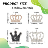 8Pcs 4 Style Crown Shape with Heart Hotfix Rhinestone, Crystal Glass Rhinestone, Costume Accessories, Sewing Craft Decoration, Mixed Color, 39~65x58.5~93x1.5~2mm, 2pcs/style