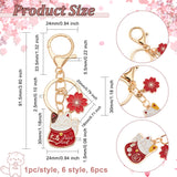 6Pcs 6 Style Chinese Style Alloy Enamel Keychains, with Iron Lobster Clasp and Rings, Cat with Flower, Mixed Color, 9.15cm, 1pc/style