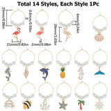 Alloy Enamel Wine Glass Charms, with Brass Hoop Earring Findings and Synthetic Moonstone Bead, Octopus/Starfish/Sea Horse, Mixed Color, 48~60mm, 14 style, 1pc/style, 14pcs/set