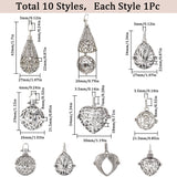 10Pcs 10 Styles Tibetan Style Brass Cage Pendants, For Chime Ball Pendant Necklaces Making, Hollow Mixed Shapes, Antique Silver, 21.5~43x25~34x15~25mm, Hole: 3~9x3~8mm, 1pc/style