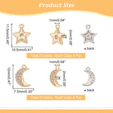 16Pcs 4 Style Brass Micro Pave Clear Cubic Zirconia Charms, Moon & Star, Platinum & Golden, 12x7.5x2mm and 11.5x10.5x2mm, 4pcs/style