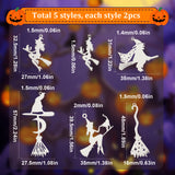 10Pcs 5 Style Halloween 201 Stainless Steel Big Pendants, Laser Cut, Witch Hat with Witch Broom, Stainless Steel Color, 31~57x27~35x1~1.5mm, Hole: 1.4~2mm, 2pcs/style