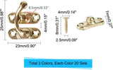 Iron Wooden Box Lock Catch Clasps, Jewelry Box Latch Hasp Lock Clasps, with Replacement Screws, Mixed Color, 26x23x6.5mm, Hole: 2mm, 23x8.5x7mm, Hole: 2mm, Screw: 8x4mm, Pin: 2.5mm, 3colors, 20sets/color, 60sets/box