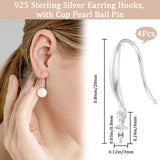 2 Pairs 925 Sterling Silver Earring Hooks, Ear Wire, with Cup Peg Bail Pin, Silver, 20~21mm, Bail Pin: 6x3mm, Pin: 0.8mm