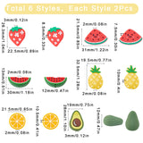 12pcs 6 style Fruit Theme Silicone Beads, DIY Nursing Necklaces and Bracelets Making, Chewing Pendants For Teethers, Mixed Color, 13~32.5x19.5~30x10~12mm, Hole: 2~3mm, 2pcs/style