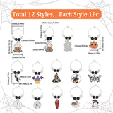 12Pcs Halloween Theme Alloy Enamel & Glass Imitation Jade Beaded Wine Glass Charms, with Brass Rings, Ghost with Broom/Cat Pumpkin/Coffin with Cross, Mixed Color, 48~60mm