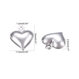 304 Stainless Steel Charms, Puffed Heart, Stainless Steel Color, 13x11.5x4.5mm, Hole: 1.2mm, 100pcs/box