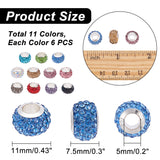 60pcs 10 colors 304 Stainless Steel European Beads, with Polymer Clay Rhinestone, Large Hole Beads, Rondelle, Mixed Color, 11x7.5mm, Hole: 5mm, 6pcs/color