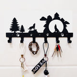 Iron Wall Mounted Hook Hangers, Decorative Organizer Rack with 6 Hooks, for Bag Clothes Key Scarf Hanging Holder, Fox and Tree, Black, 5-7/8x13 inch(15x33cm)