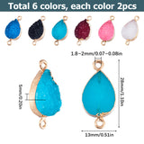 12Pcs 6 Colors Druzy Quartz Crystal Dyed Connector Charms, Teardrop Links, with Golden Plated Alloy Findings, Mixed Color, 28x13x5mm, Hole: 1.8~2mm, 2pcs/color