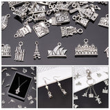 60pcs 30 Style Zinc Alloy Pendants Set, Architecture Series, Mix-shaped, Antique Silver, Antique Silver, 2pcs/style