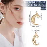Brass Pendants, with Jump Rings, Moon with Star, Real 16K Gold Plated, 22x15x4mm, Hole: 3mm, 10pcs/box