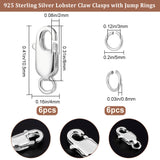 6Pcs 925 Sterling Silver Lobster Claw Clasps, with 925 Stamp, with 6Pcs Open Jump Rings, Silver, 10.5mm, Hole: 1mm
