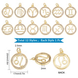 Brass Micro Pave Cubic Zirconia Pendants, Flat Round with Constellation/Zodiac Sign, Golden, 12 Constellations, 20x17x2mm, Hole: 2.5mm, 12pcs/box