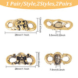 2 Pairs 2 Styles Brass Shoe Charms, Shoelace Decoration Accessories, Halloween Skull, Antique Golden, 12~14x28~30x5.5~7.5mm, Hole: 4~5x4.5~6.5mm, 1 pair/style