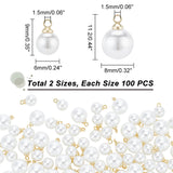 200Pcs 2 Style ABS Plastic Imitation Pearl Pendants, with Brass Findings, Round, White, 9x6mm and 11.2x8mm, Hole: 1.5mm, 100pcs/style