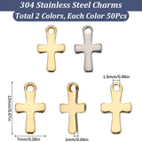 100Pcs 2 Colors Cross 304 Stainless Steel Charms, Golden & Stainless Steel Color, 12x7x1mm, Hole: 1.4~1.5mm, 50pcs/color