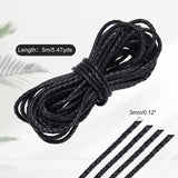Diameter 3mm Black Round Folded Bolo Genuine Braided Leather Cords for Necklace Bracelet Jewelry Making, about 5m/bag