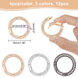 12Pcs 3 Colors Zinc Alloy Crystal Rhinestone Spring Gate Rings, Mixed Color, 35x5mm, 4pcs/color