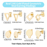 80Pcs 4 Style 201 & 304 Stainless Steel Stud Earring Findings, with 304 Stainless Steel Pins & Horizontal Loops, Oval & Rhombus & Flat Round, Real 24K Gold Plated, 9~13x7~10.5mm, Hole: 1~1.4mm, Pin: 0.8mm, 20Pcs/style