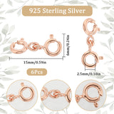 6Pcs Sterling Silver Double Spring Ring Clasps, Rose Gold, 15x6x3mm, Hole: 1.2mm