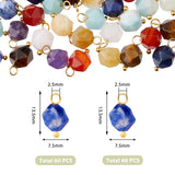 60Pcs Chakra Theme Natural Mixed Stone Charms, with Golden Tone Brass Loops, Faceted Round, 13.5x7.5mm, Hole: 2.5mm