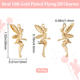 14Pcs Brass Pendants, Flying Elf, Real 18K Gold Plated, 26x13x4.5mm, Hole: 1.4mm