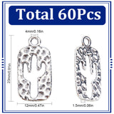 60Pcs Tibetan Style Alloy Pendants, Rectangle with Cactus, Antique Silver, 23x12x1.5mm, Hole: 4mm