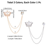 2Pcs 2 Colors Crystal Rhinestone Crown Hanging Chain Brooches, Men's Suit Collar Alloy Lapel Pins, Platinum & Golden, 150mm, 1Pc/color