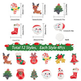 48Pcs 12 Styles Christmas Theme Opaque Resin Cabochons, Christmas Candy Cane & Snowman & Santa Claus, Mixed Shapes, Mixed Color, 21~30x15~25x3.5~7mm, 4pcs/style