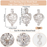 1Pc Rhodium Plated 925 Sterling Silver Empty Bead Cage Pendants, with Clear Cubic Zirconia, Heart, 21x15x10mm, Hole: 4.5x2.5mm, Inner Diameter: 10.5x13mm