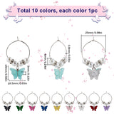 Brass Wine Glass Charms, with Glass Pearl Round Beads and Alloy Acrylic Pendants, Butterfly, Mixed Color, 45mm, 10pcs/box