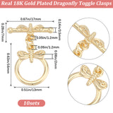 10Pcs Brass Toggle Clasps, Long-Lasting Plated, Ring with Dragonfly, Real 18K Gold Plated, Ring: 16x12x2mm, Hole: 1.2mm, Bar: 7x17x3.5mm, Hole: 1.2mm