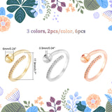 6Pcs 3 Colors Brass Micro Pave Cubic Zirconia Open Cuff Finger Ring Settings, For Half Drilled Beads, Flat Round, Mixed Color, US Size 7 3/4(17.9mm), Tray: 6mm, Pin: 0.9mm, 2Pcs/color