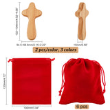 6Pcs 3 Colors Wood Hand-held Cross, Praying Cross, for Christian Gift, Religious Table Altar Decoration, with 6Pcs Rectangle Velvet Pouches, Mixed Color, 102~120x54.5~100x15mm, 2pcs/color